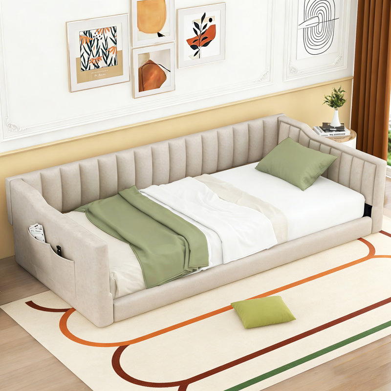 Lit de jour simple TG rembourré avec poche de rangement latérale, Beige, Lit simple 