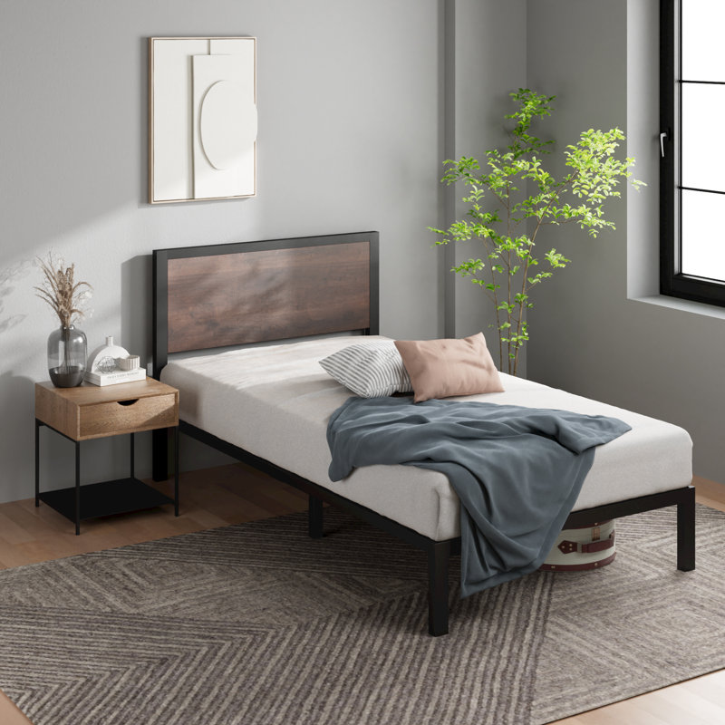 Slovan Modern Metal Platform Bed frame with Wooden Headboard, Single (3')