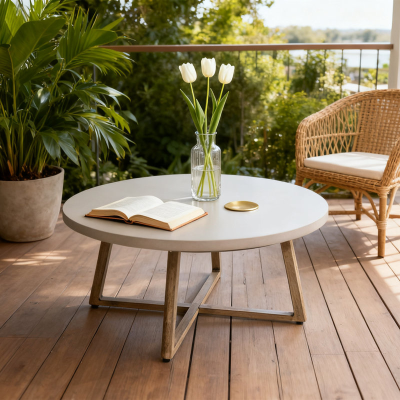 Patio 31.5"L Round Aluminum Coffee Table With Concrete Tabletop