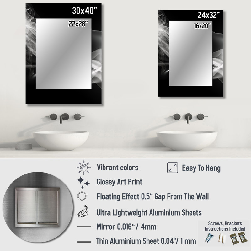 Black White Contemplative Abstraction I - Waves Unique Wall Mirror, Black Mirror, Printed Metal Art, 32" x 24"