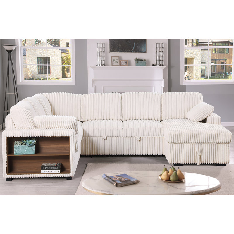 Oversized Convertible Sleeper Sectional, Corduroy Sofa Bed with Storage Chaise and Armrest Shelves, Beige Corduroy