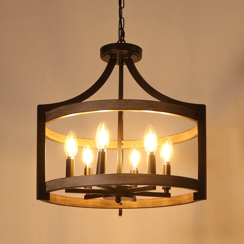 Lustre géométrique à 6 lumières Carrianna, Noir mat / imitation grain de bois