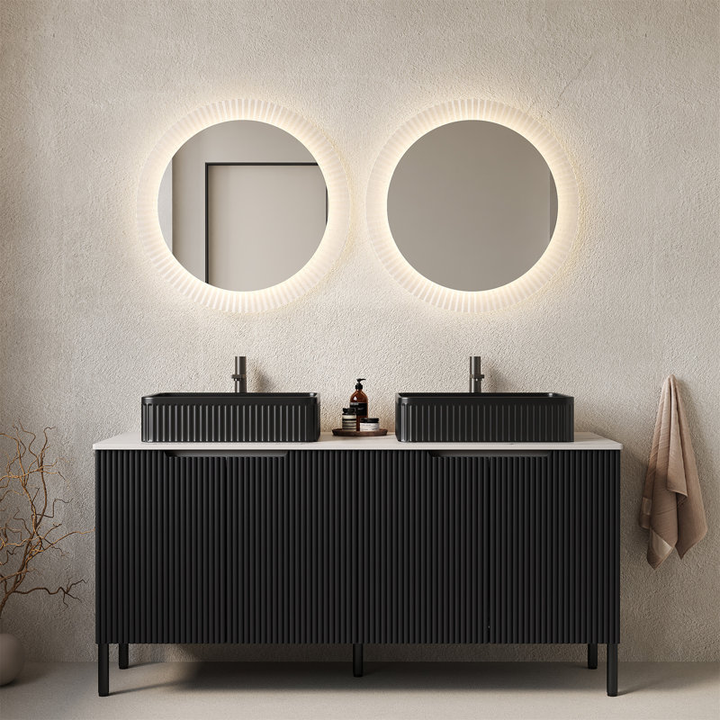 Meuble-lavabo sur pied 60 po avec lavabo, armoire de rangement autoportante avec 4 portes, 2 lavabos rectangulaires en céramique à rayures noires et comptoir blanc Carrara, sans couleur de robinet