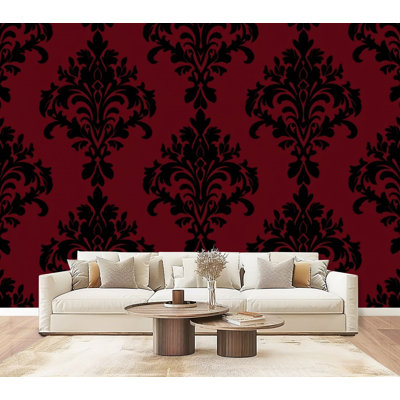 Papier peint adhésif rétro damassé rétro avec motif de bourgogne noir et bourgogne 69 po x l 96 po amovible, papier peint adhésif mural pour bureau de chambre à coucher, bureau à domicile