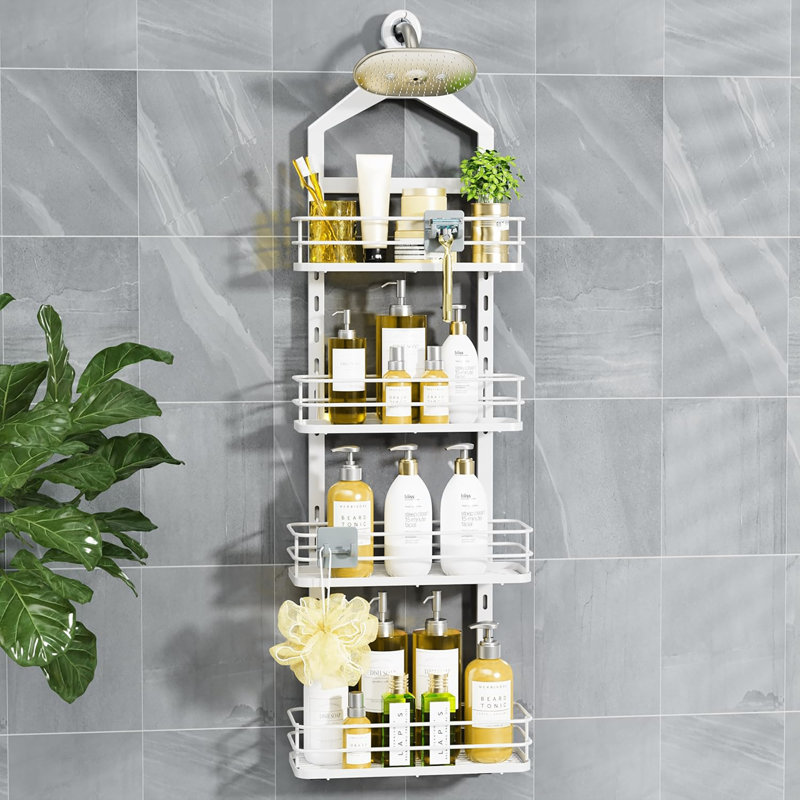 Serviteur de douche anti-balançoire à 4 niveaux réglable en hauteur, avec rangement pour les salles de bain organisées, Blanc