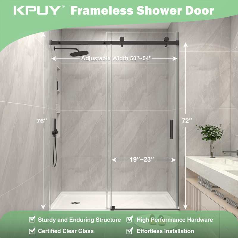50"- 54" W x 76" H Single Sliding Frameless Shower Door in Matte Black Finish with 1/4" Clear Tempered Glass, Soft-Close, Easy-Clean Coating, Explosion-Proof Film, Stainless Steel Accessories