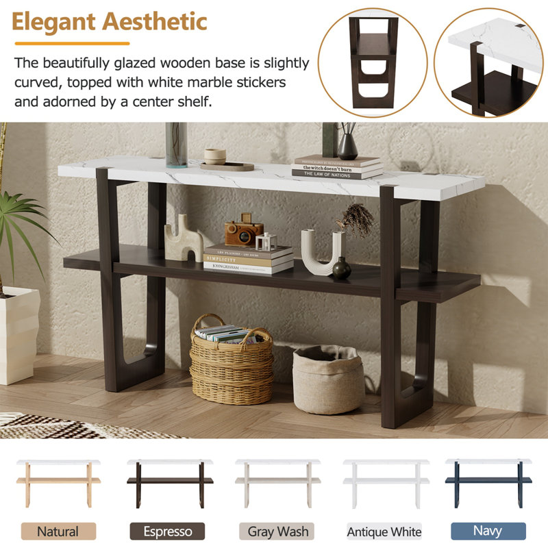 Retro Elegant Console Table with Marble-Effect Top and Versatile Storage Solutions, Espresso