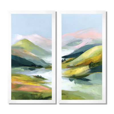 «Green and Pink Winter Mountain and Lake Scenery - Mountains Wall Decor, Green Landscape», art mural encadré 2 pièces
