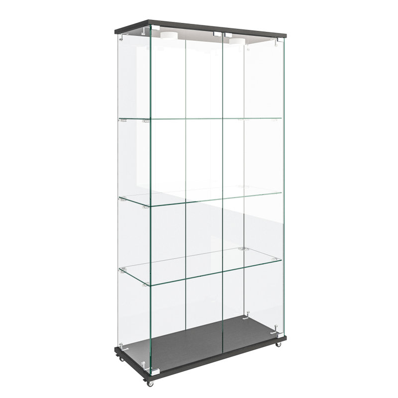 Modern Glass Display Cabinet With LED Lights, Quick-Assembly Antique Cabinet, Tempered Glass Bookshelf, Black