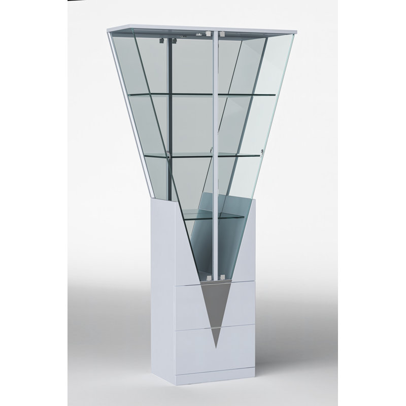 Mescal Triangular Design Curio w/ Shelves, Drawers & LED Lights, Silver
