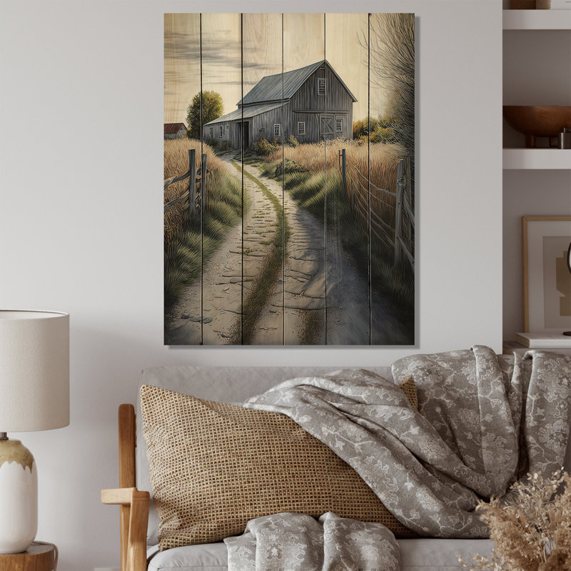 Bordeaux pittoresque chemin sinueux et grange IV - impression sans cadre sur bois, H 32 po x l 24 po x P 1 po