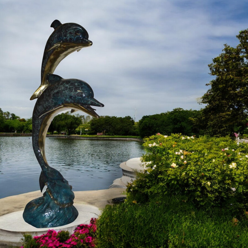 Statue de deux dauphins qui dépassent les autres sur des vagues - sculpture en bronze moderne, L 44 po x l 23 po x H 76 po