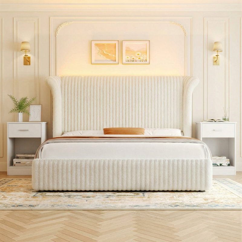 Ensemble de chambre à coucher 3 pièces, cadre de lit tapissier avec tête de lit haute de 55 po et 2 tables de chevet avec tiroirs