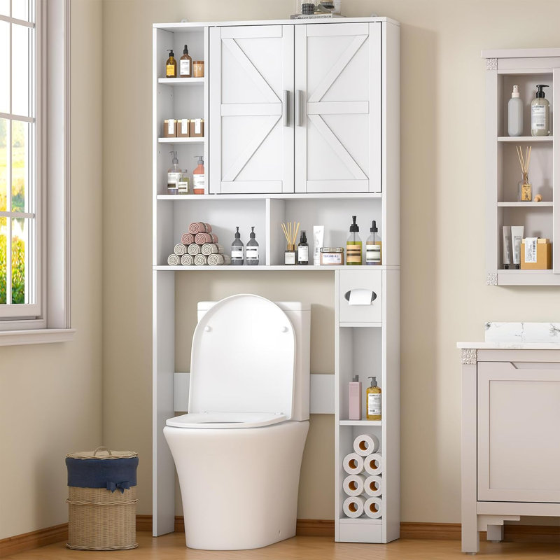 Farmhouse Over Toilet Storage Cabinet with 2 Barn Doors and 10 Storage Shelves, White