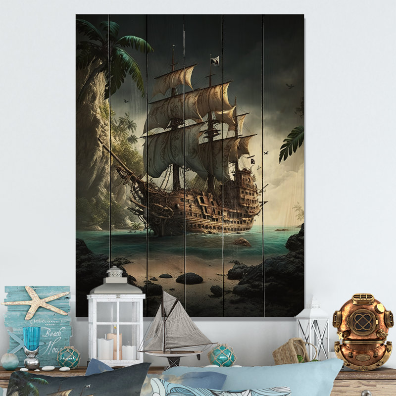 Bateau pirate sur l'océan - impression sans cadre sur bois, H 40 po x l 30 po x P 1,5 po