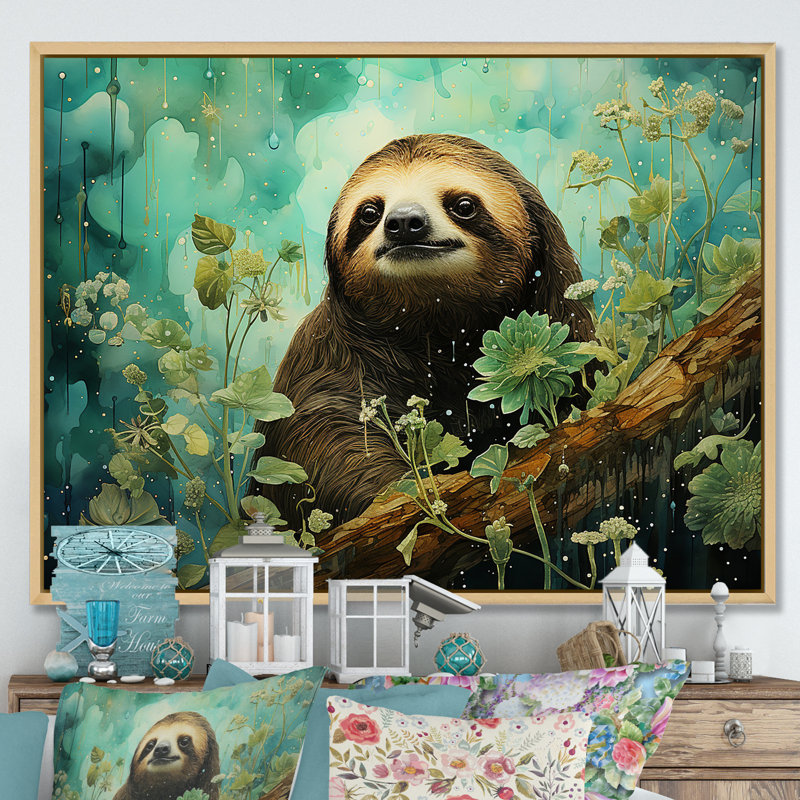 «Sloth Jade Journey», reproduction d'art sur toile encadrée, Cadre naturel flottant, H 34 po x l 44 po x P 1,5 po