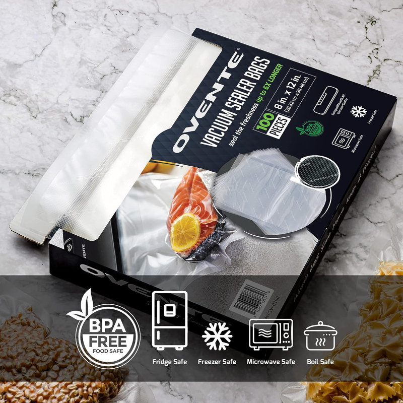 OVENTE Precut Vacuum Sealer Bags, 8” x 12” Heavy Duty Food Saver, BPA-Free for Airtight Storage, Meal Prep, Sous Vide, Microwave and Freezer Safe, Works with all Sealer Machine ACPSVPQ100