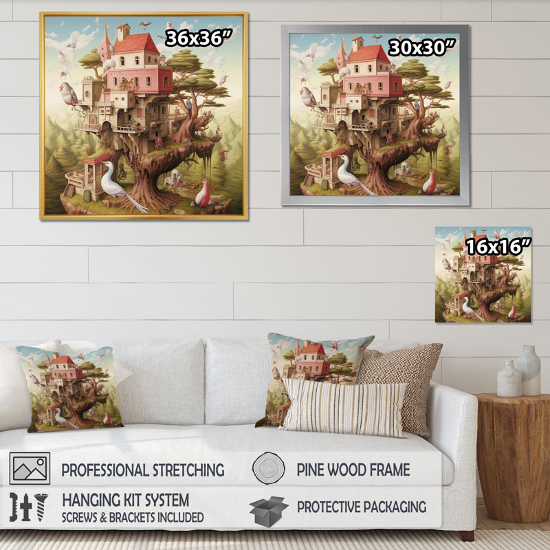 " Surrealism Village In Forest II ", 16" H x 16" W x 1" D, Wrapped Canvas