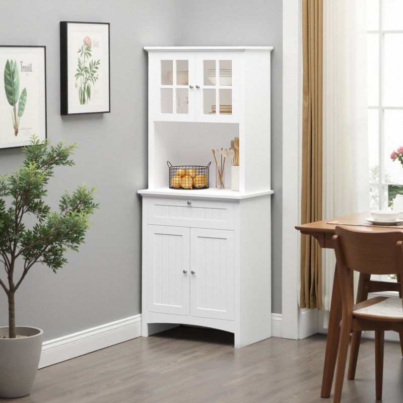 Buffet avec huche, armoire de rangement pour garde-manger avec porte en verre encadrée et espace pour micro-ondes, Blanc