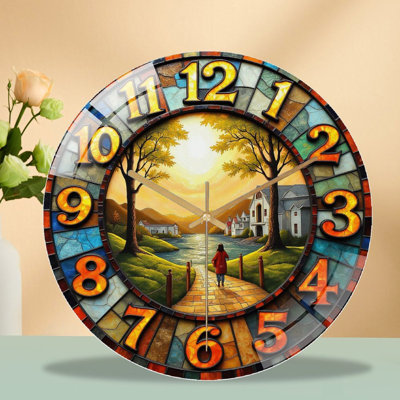 Horloge murale vitrail avec art de paysage - 12 po Horloge murale moderne en verre