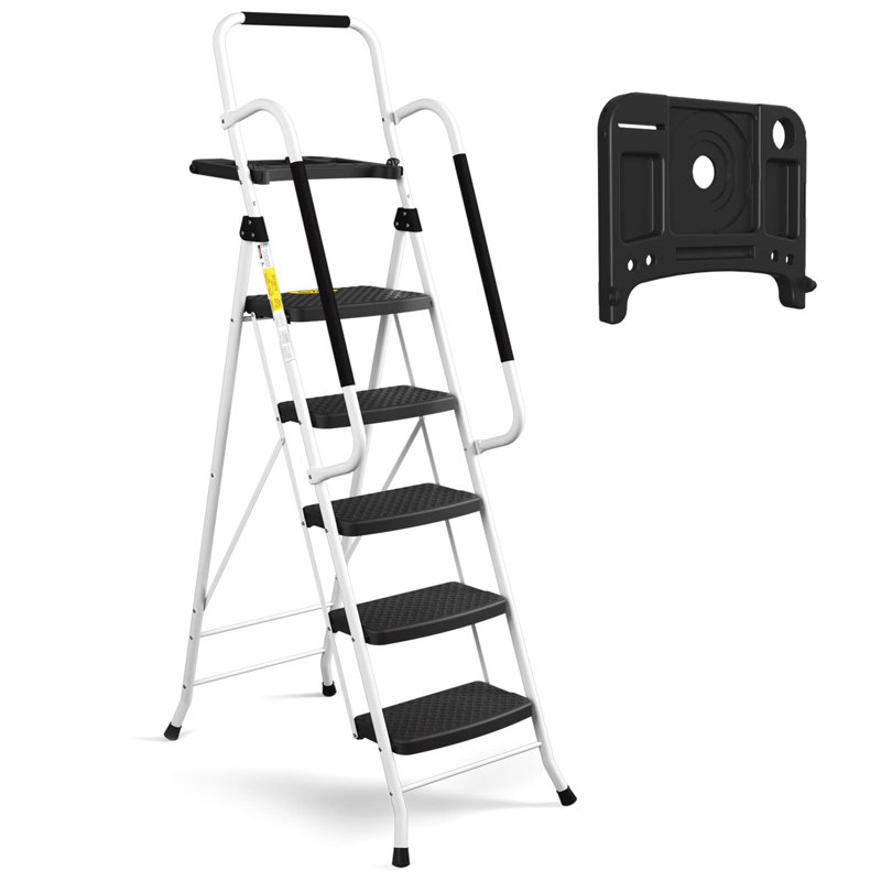 Escabeau pliant en métal à 5 marches, Blanc/Noir