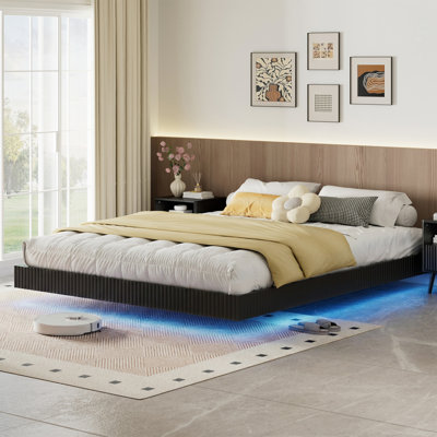 King Floating Bed Frame With LED Lights, Modern Fluted Floating Platform Bed With Heavy Duty Metal Slats, No Headboard