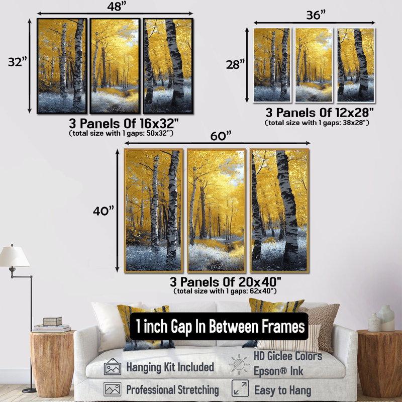 «Yellow Birch Woods in Forest Photo III», ensemble de reproduction d'art mural forêt, Toile avec cadre flottant or