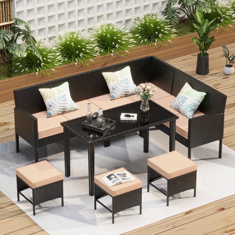 7 Small Space Outdoor Furniture , Grey High-Back Chairs, Waterproof Cushions, All-Weather , Breathable Mesh, Glass Table, Frame Backyard With 7 Pieces, Blue Seats, Design, Space, Fabric,