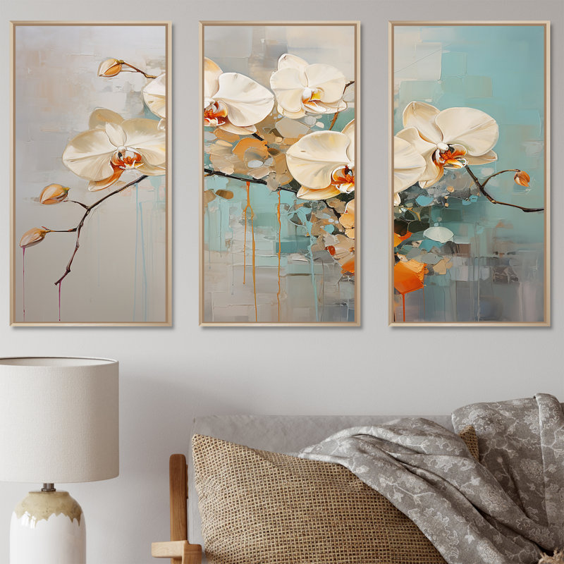 Orchidées beiges tranquillité - ensemble d'art mural orchidées, Cadre naturel flottant, H 32 po x l 48 po x P 1 po
