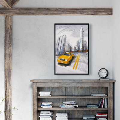 Yellow Taxi And City Sketch Print On Canvas