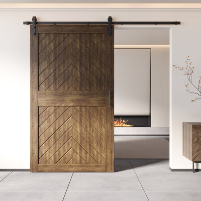 Homacer Dark Walnut 26 in. x 84 in. Finished & Unassembled 4-IN-1 Fishbone Design Barn Door with Non-Bypass Installation Hardware Kit, 4.5ft track, interior use only
