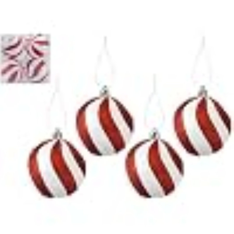 Red & White Candy Stripe Christmas Baubles Shatterproof Plastic Tree Decorations, 6 Pack, 10cm H x 10cm W x 10cm D