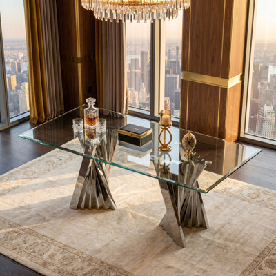 Glass Dining Table, Silver Dining Room Table, 78 inch Rectangular Dining Table with Tempered Glass Top & Polished Stainless Steel Base, Modern Dining Table for 6-8 People