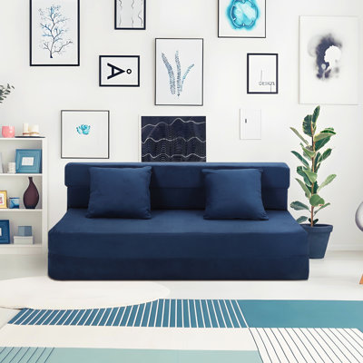2-in-1 Corduroy Convertible Sleeper Sofa, 2-Seater Folding Futon with High-Density Foam & 2 Pillows, Removable Washable Cover, Space-Saving Loveseat Bed for Living Room, Bedroom, Guest Room, Blue