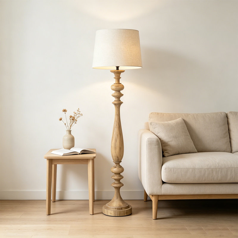 White+Light-brown Linen+Solid Wood Free Form Floor Lamps