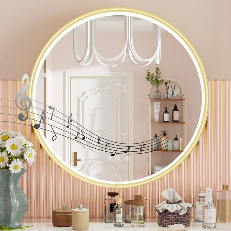 Miroir de salle de bain Bluetooth Bluetooth, 24 po x 24 po, Or brossé