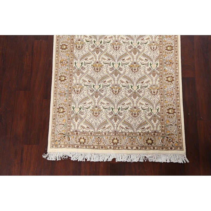Tapis beige en laine et en soie noué à la main de conception unique 3 pi 11 po x 6 pi 2 po