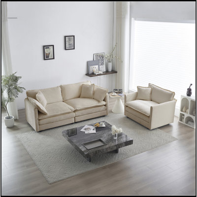 2 Seater Loveseat and Chair Set, 2 Piece Sofa & Chair Set, Loveseat and Accent Chair , 2-Piece Upholstered Chenille Sofa Living Room Couch Furniture(1+2 Seat ) ,White Chenille