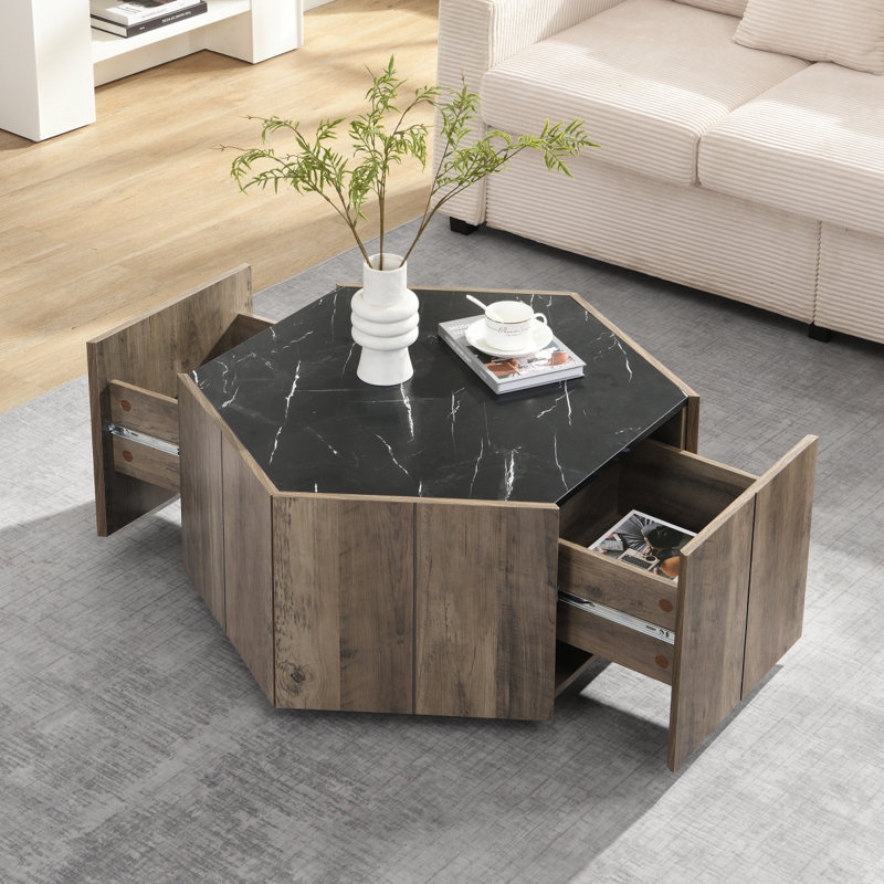 Table basse hexagonale rustique rétro en bois, avec 2 tiroirs cachés, dessus en marbre noir texturé, finition chêne brun clair - pour le salon et la réception