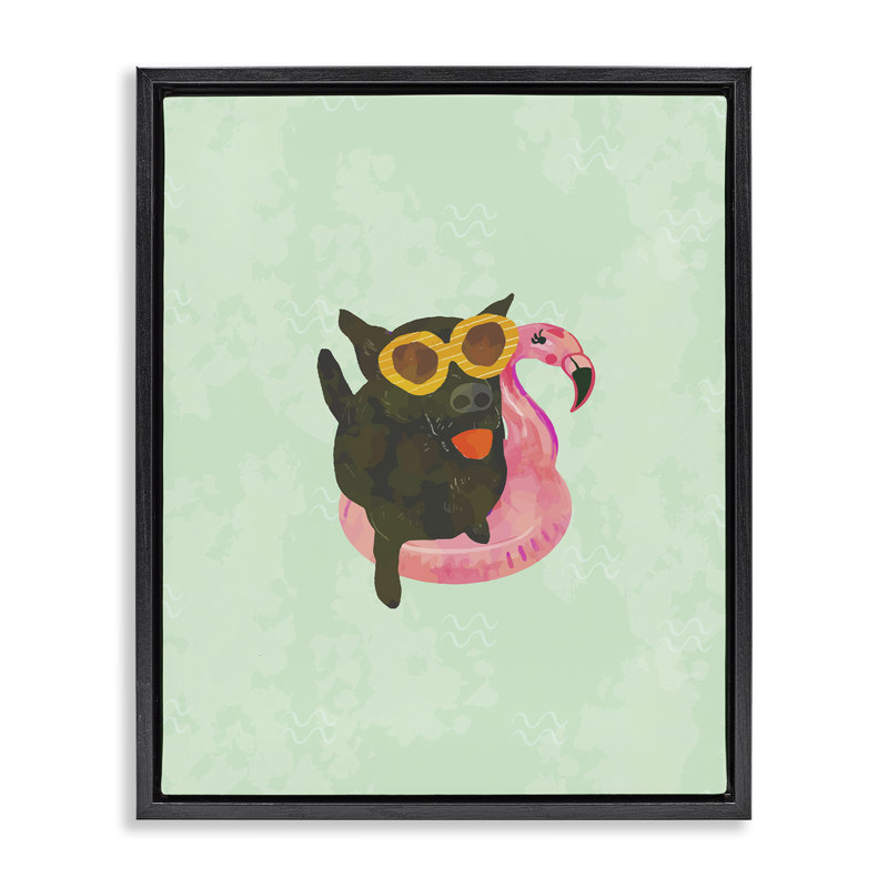 «Jet Dog with Beach Floaty», encadrée par Floater, H 21 po x l 17 po, Cadre flottant noir de jais