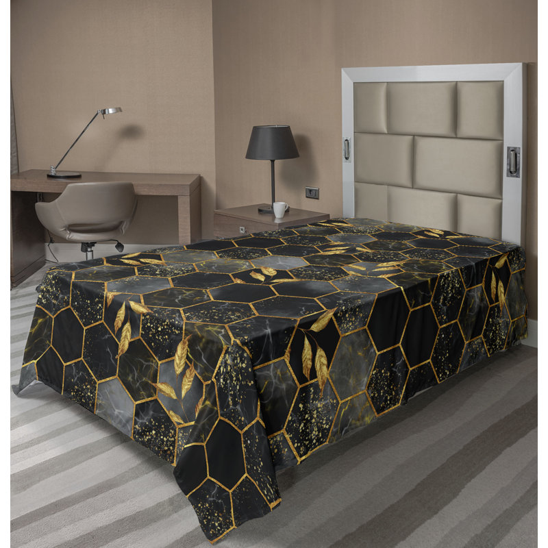 Ambesonne drap plat botanique hexagonal feuilles d'art kaki foncé et gris pâle, Drap plat simple très long