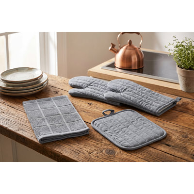 4-Piece Cotton Kitchen Set with 2 Oven Mitts, 1 Pot Holder, and 1 Terry Towel - Heat Resistant Quilted Linens in Solid Grey