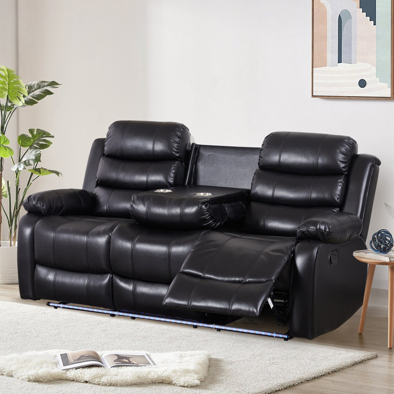 77.17'' Faux Leather Manual Reclining Sofa With LED Lighting & Cup Holders, Noir