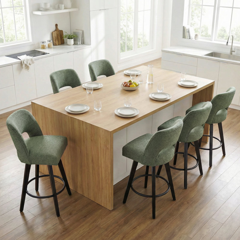26.4" Swivel Bar Stools Set of 6, Black Solid Wood Legs & Metal Ring Footrest, 6, Black Footrest - Sage Green