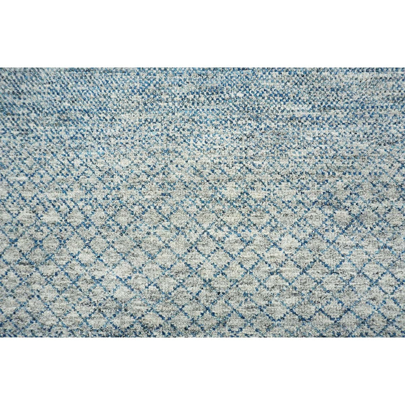 Tapis rectangulaire rayé en laine noué à la main bleu / gris, Rectangle 6 pi x 9 pi