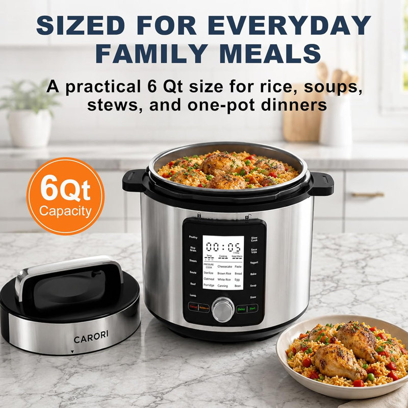 6Qt Silver Electric Pressure Cooker, 24 Cooking Programs, Touch & Dial Control, Multi-Function Smart Cooker