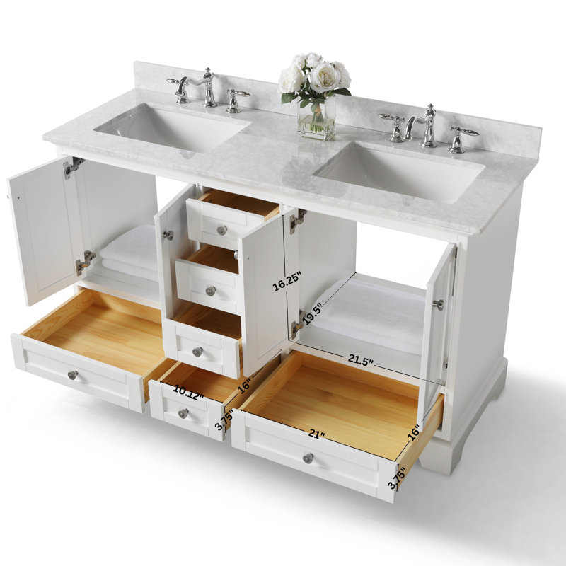 Ensemble de meuble-lavabo double 60 po Varna, Blanc / nickel brossé, Marbre blanc de Carrare
