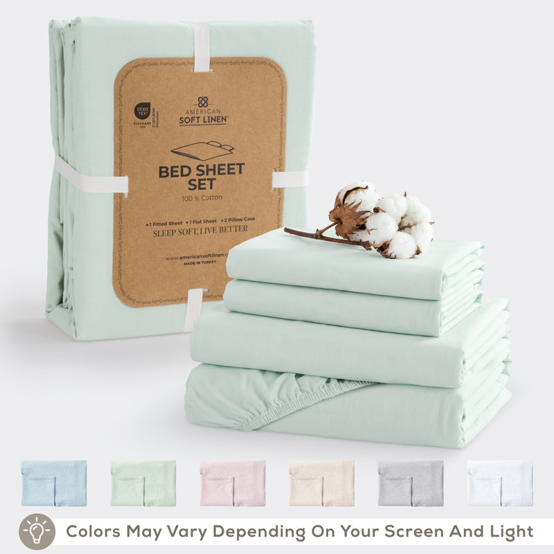 Ensemble de draps en percale 100% coton lavé - comprend 1 drap plat, 1 drap-housse et 2 taies d'oreiller, Sage Green