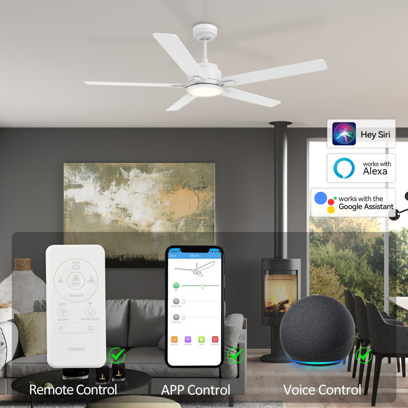 Ventilateur de plafond intelligent à 5 pales DEL avec télécommande et ensemble d'éclairage inclus, Blanc