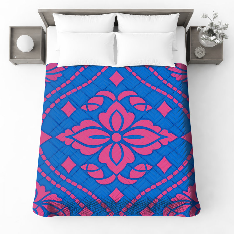  Blue Floral Quilted Thin Bedspread, King